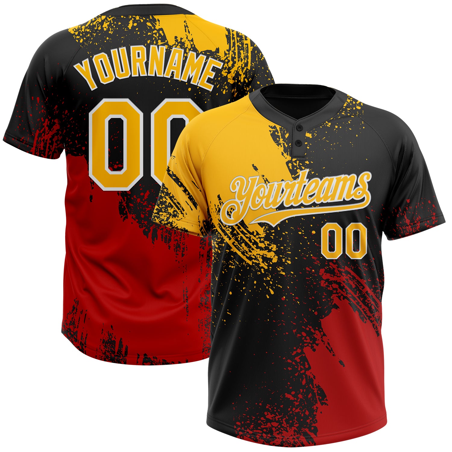 Custom Name Number Black Gold-Red 3D Pattern Softball Jersey Unisex Two-Button Abstract Brush Stroke Design Personalized