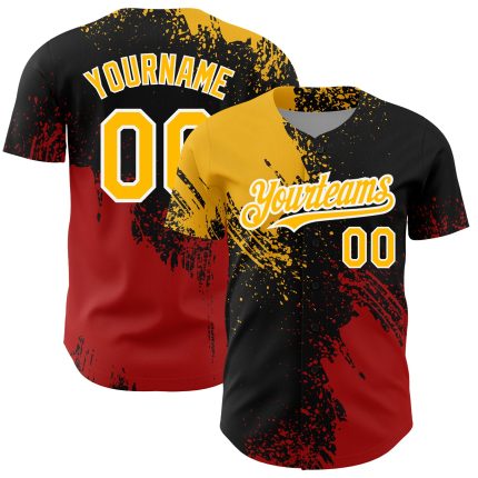 Customizable 3D Pattern Baseball Jersey - Black Gold Red Abstract Brush Stroke with Name and Number Personalized Black Gold-Red