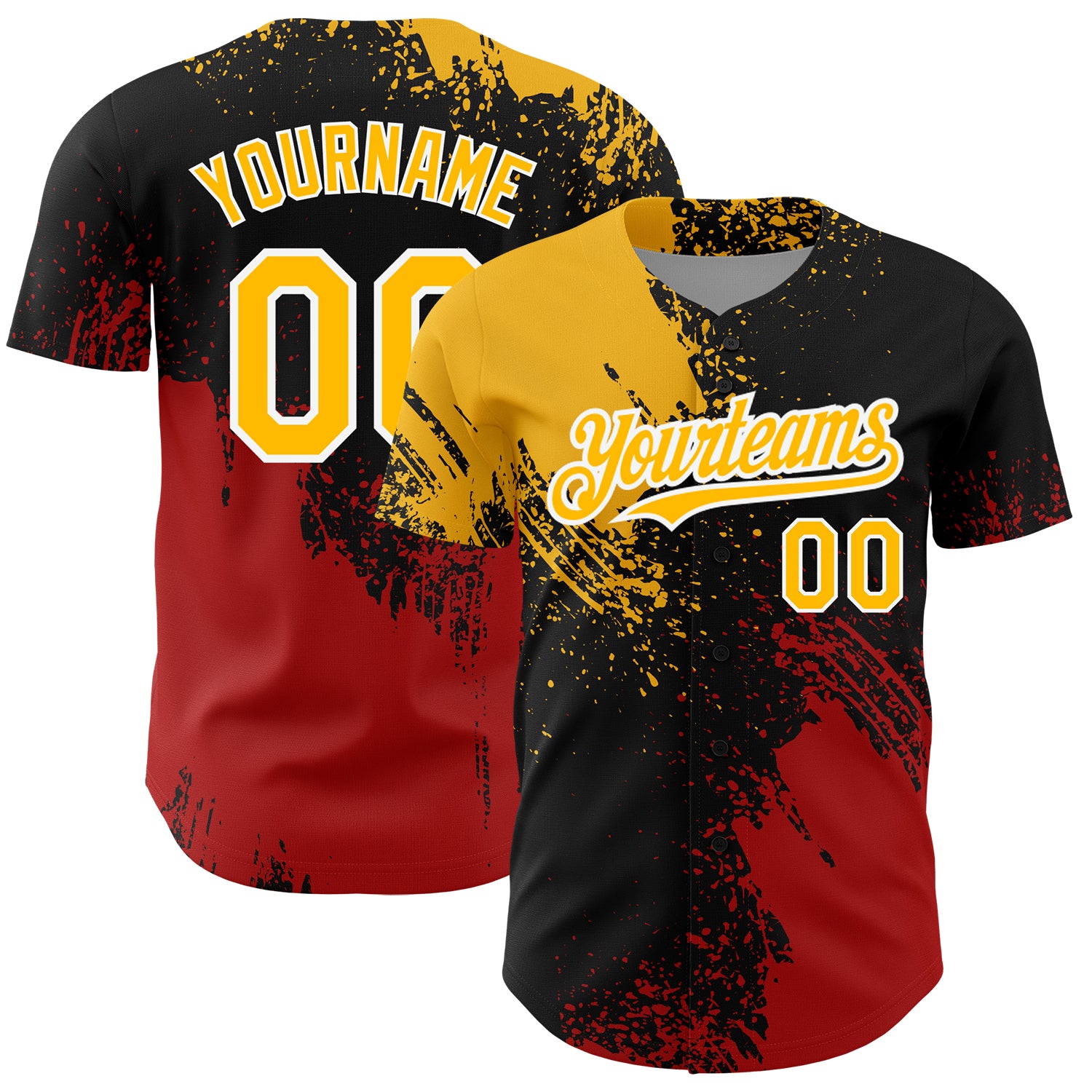 Customizable 3D Pattern Baseball Jersey - Black Gold Red Abstract Brush Stroke with Name and Number Personalized Black Gold-Red
