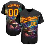 Customizable Black Gold-Red 3D Pattern Baseball Jersey with Colorful Smoke Design for Music Festival - Personalized Name & Number