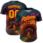 Custom Name and Number Baseball Jersey - Personalized Peacock Feather Design in Black Gold and Red 3D Pattern Personalized