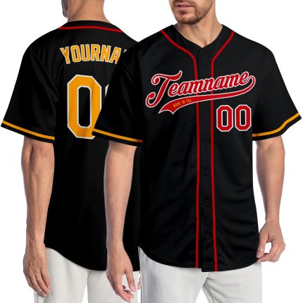 Custom Black Gold-Red Baseball Jersey with Personalized Name and Number - Authentic Team Apparel Personalized Black Gold-Red