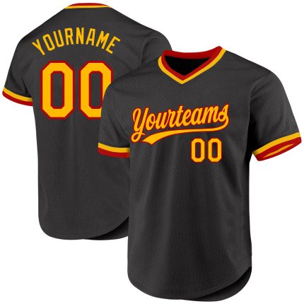 Custom Name and Number Authentic Baseball Jersey - Personalized Black and Gold-Red Throwback Design Personalized Black Gold-Red