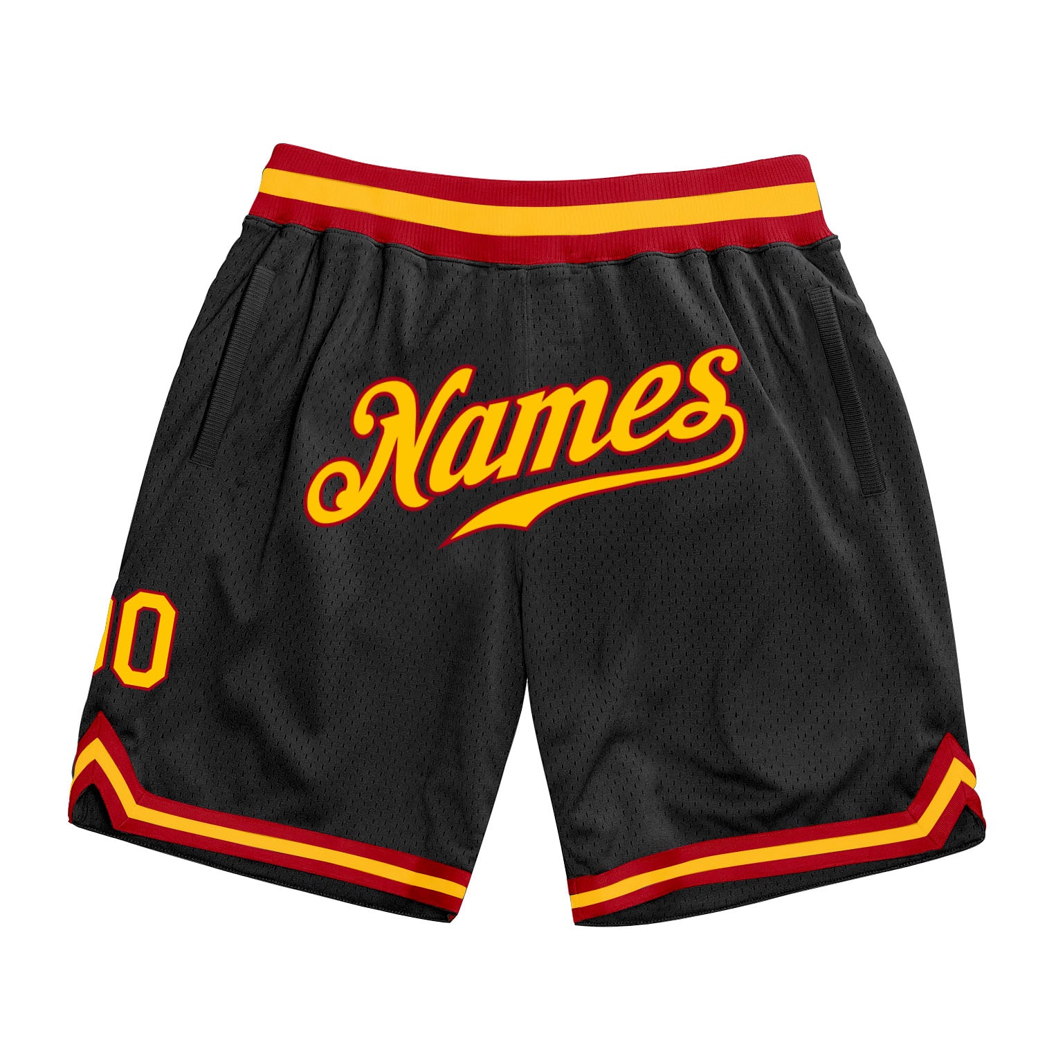 Custom Name Number Basketball Shorts Black Gold-Red Authentic Throwback Team Design Personalized Black Gold-Red Authentic