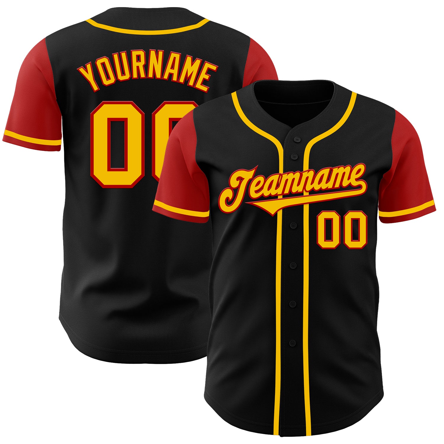 Customizable Black Gold-Red Two Tone Baseball Jersey with Personalized Name and Number Personalized Black Gold-Red Authentic