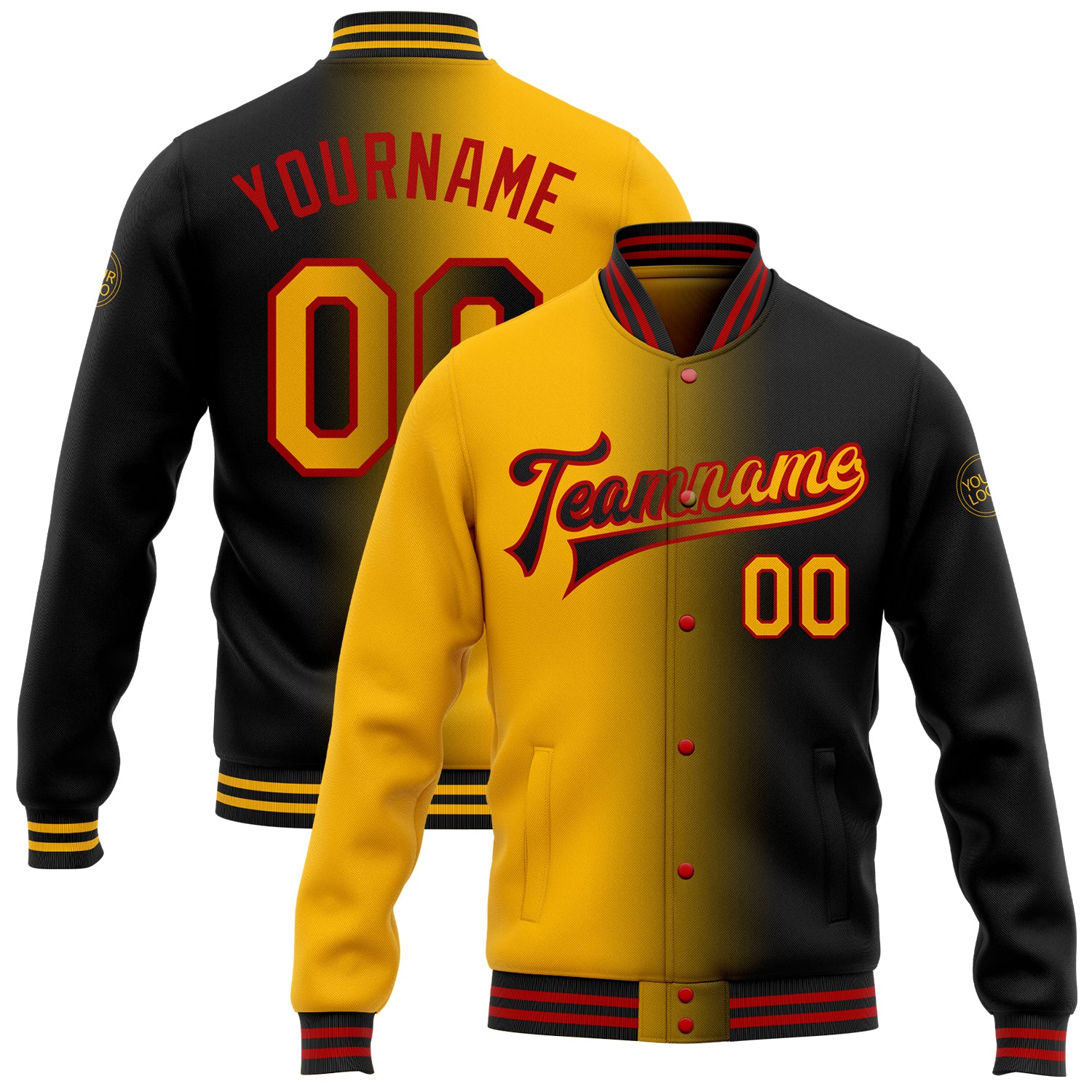 Personalized Gradient Bomber Jacket in Black Gold-Red, Full-Snap Varsity Style Fashion Outerwear Personalized Black Gold-Red