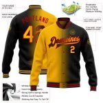 Personalized Gradient Bomber Jacket in Black Gold-Red, Full-Snap Varsity Style Fashion Outerwear Personalized Black Gold-Red