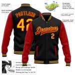 Personalized Black and Gold Bomber Varsity Letterman Jacket - Full-Snap Two Tone Style Personalized Black Gold-Red Bomber