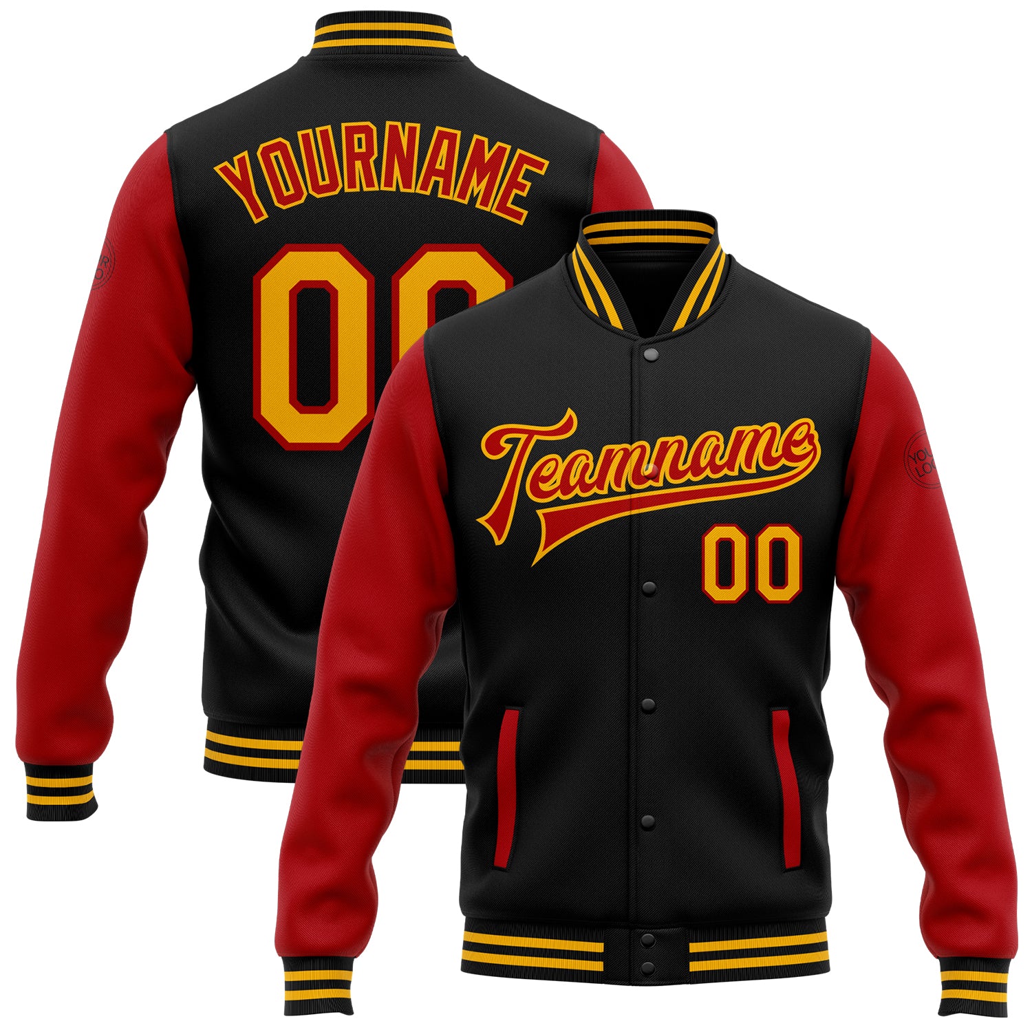 Personalized Black and Gold Bomber Varsity Letterman Jacket - Full-Snap Two Tone Style Personalized Black Gold-Red Bomber