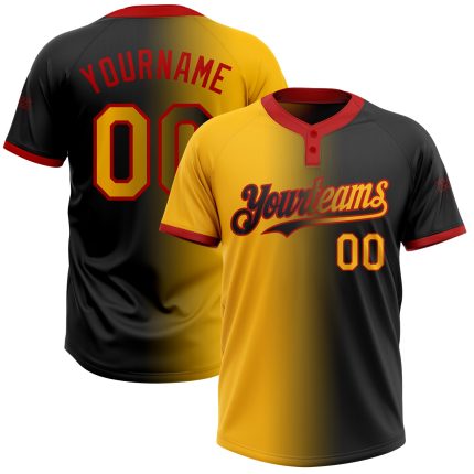 Personalized Black and Gold-Red Gradient Softball Jersey - Fashionable Unisex Two-Button Design Personalized Black Gold-Red