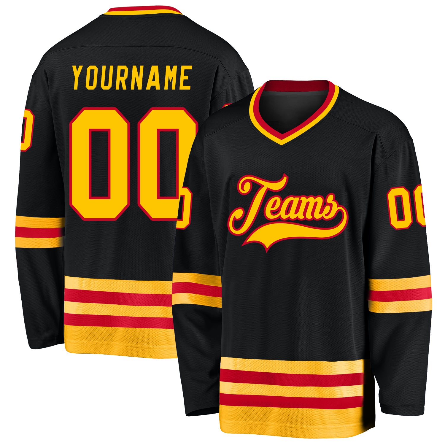 Personalized Hockey Jersey in Black and Red with Gold Accents - Custom Sports Apparel Personalized Black Gold-Red Hockey