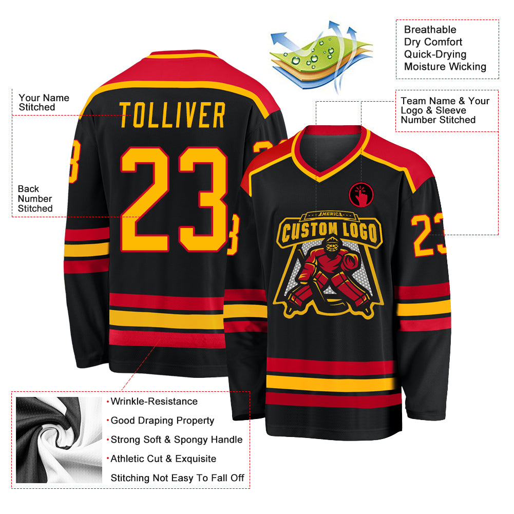 Personalized Black Gold-Red Hockey Jersey Personalized Black and Gold Red Hockey Jersey for Men and Women - Custom Team Apparel Personalized Black Gold-Red Hockey - Image 3