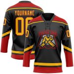 Personalized Black Red Gold Hockey Jersey with Lace Neck Design Personalized Black Gold-Red Hockey Lace Neck Jersey