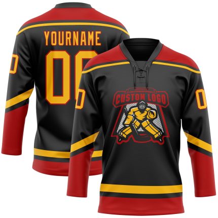 Personalized Black Red Gold Hockey Jersey with Lace Neck Design Personalized Black Gold-Red Hockey Lace Neck Jersey