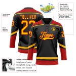 Personalized Black Red Gold Hockey Jersey with Lace Neck Design Personalized Black Gold-Red Hockey Lace Neck Jersey