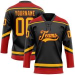 Personalized Black Red Gold Hockey Jersey with Lace Neck Design Personalized Black Gold-Red Hockey Lace Neck Jersey
