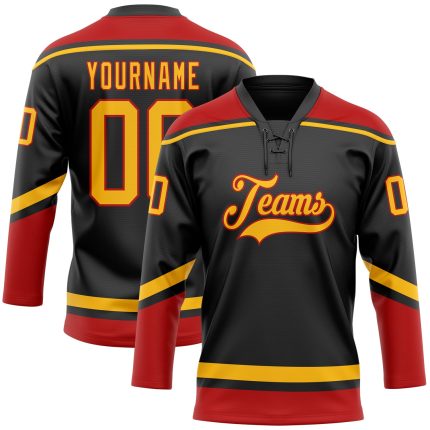 Personalized Black Red Gold Hockey Jersey with Lace Neck Design Personalized Black Gold-Red Hockey Lace Neck Jersey