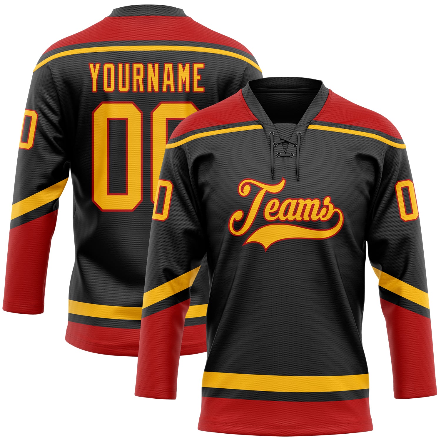 Custom Name Number Jersey Black Gold Red Hockey Lace Neck Team - Personalized Design Personalized Black Gold-Red Hockey Lace
