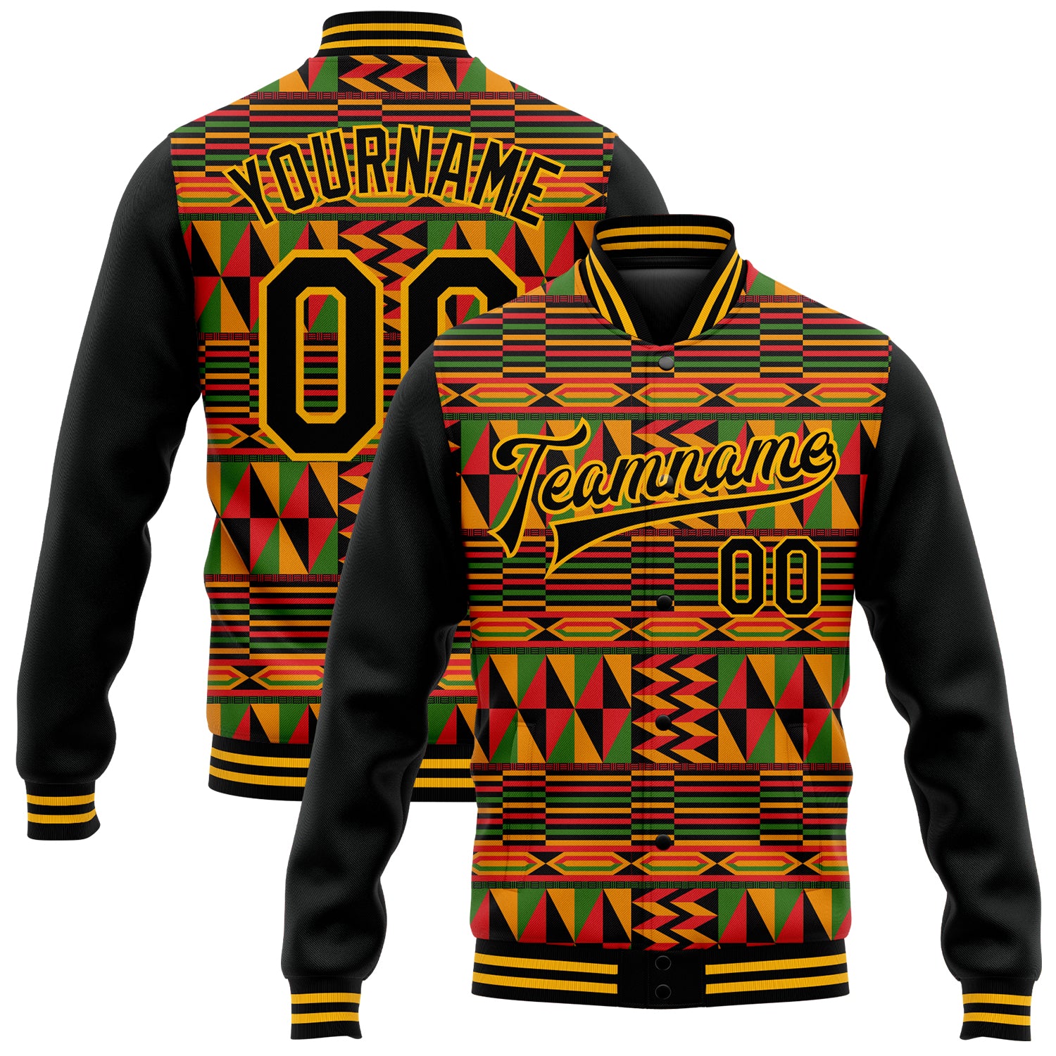 Personalized Black History Month 3D Varsity Letterman Bomber Jacket - Red & Kelly Green, Full-Snap Design Personalized Black