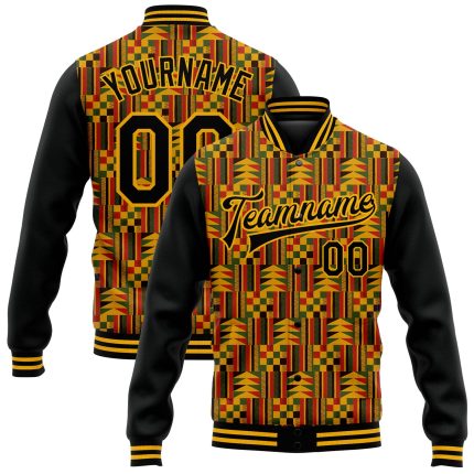 Personalized Black Gold Red Kelly Green Black History Month 3D Varsity Letterman Jacket Full-Snap Bomber Personalized Black