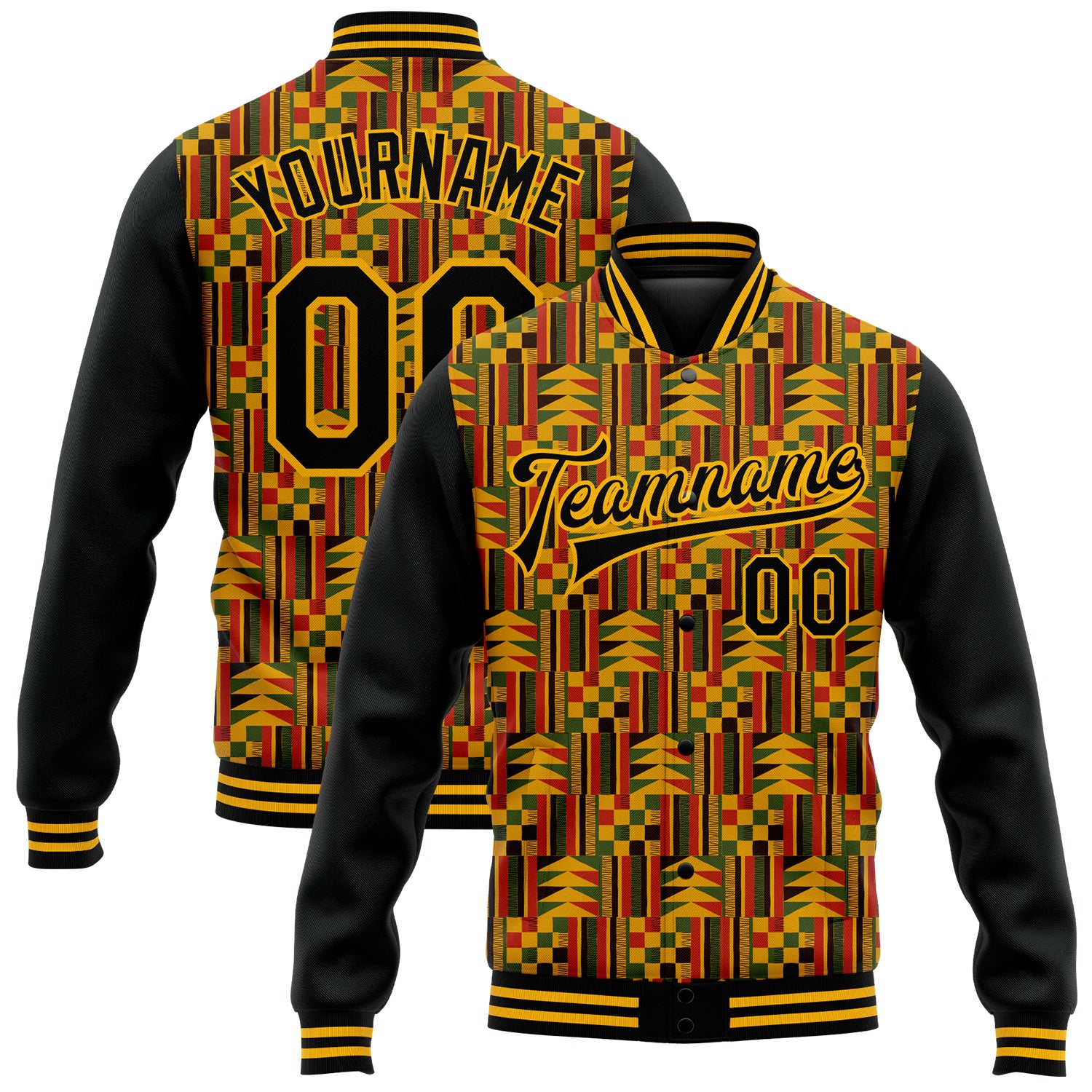 Personalized Black Gold Red Kelly Green Black History Month 3D Varsity Letterman Jacket Full-Snap Bomber Personalized Black