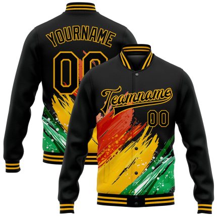 Personalized Black & Gold 3D Pattern Varsity Jacket for Black History Month - Custom Team Name and Number Full-Snap Bomber