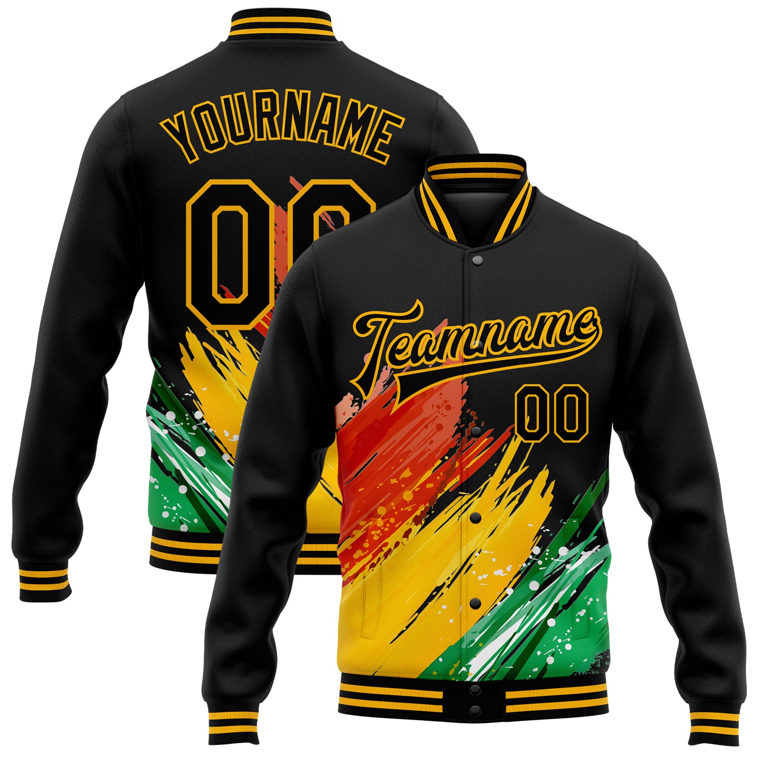 Personalized Black & Gold 3D Pattern Varsity Jacket for Black History Month - Custom Team Name and Number Full-Snap Bomber