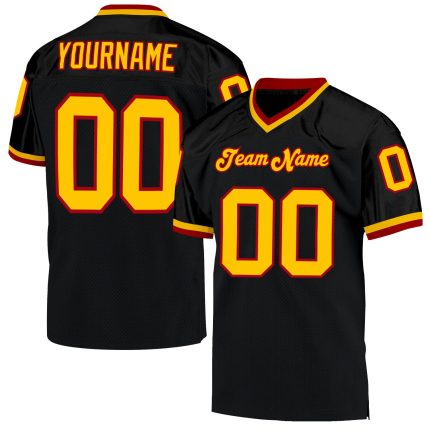 Personalized Black Gold Red Throwback Football Jersey Mesh Design Personalized Black Gold-Red Mesh Throwback Football Jersey