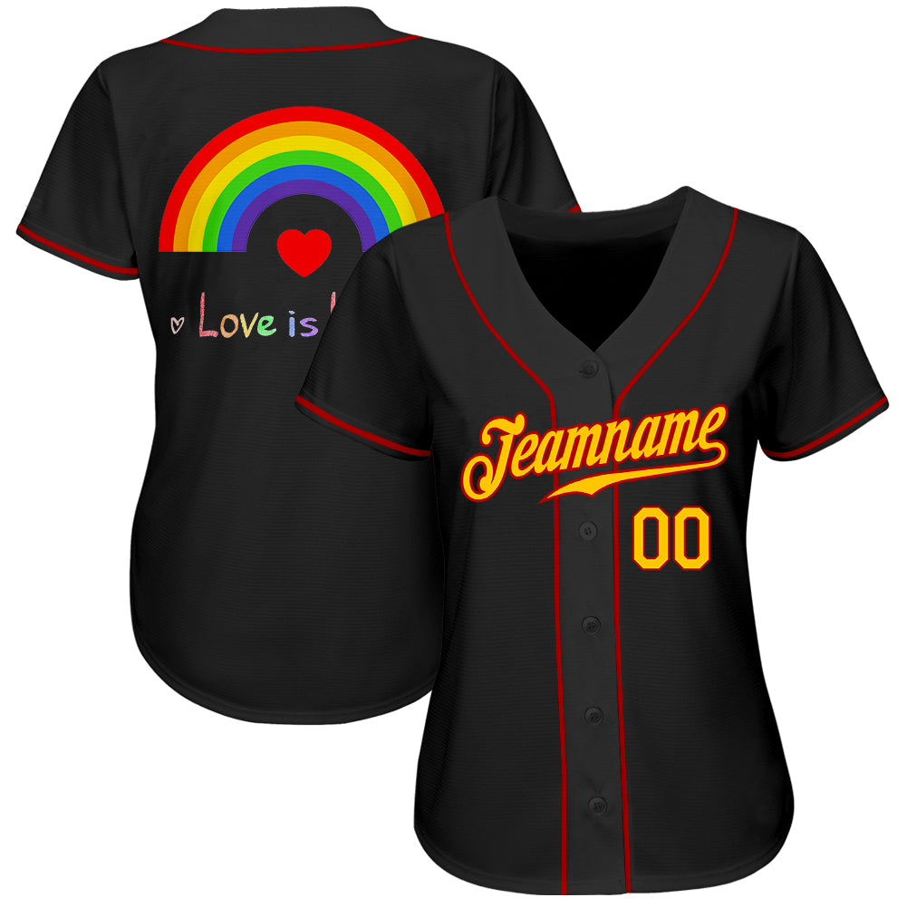 Personalized Black Gold-Red Rainbow For Pride Month Love Is Love LGBT Authentic Baseball Jersey Team Custom Name and Number Personalized Pride Month Love Is Love Black Gold-Red Rainbow Baseball Jersey Custom Name Number LGBT Team Apparel Personalized - Image 3