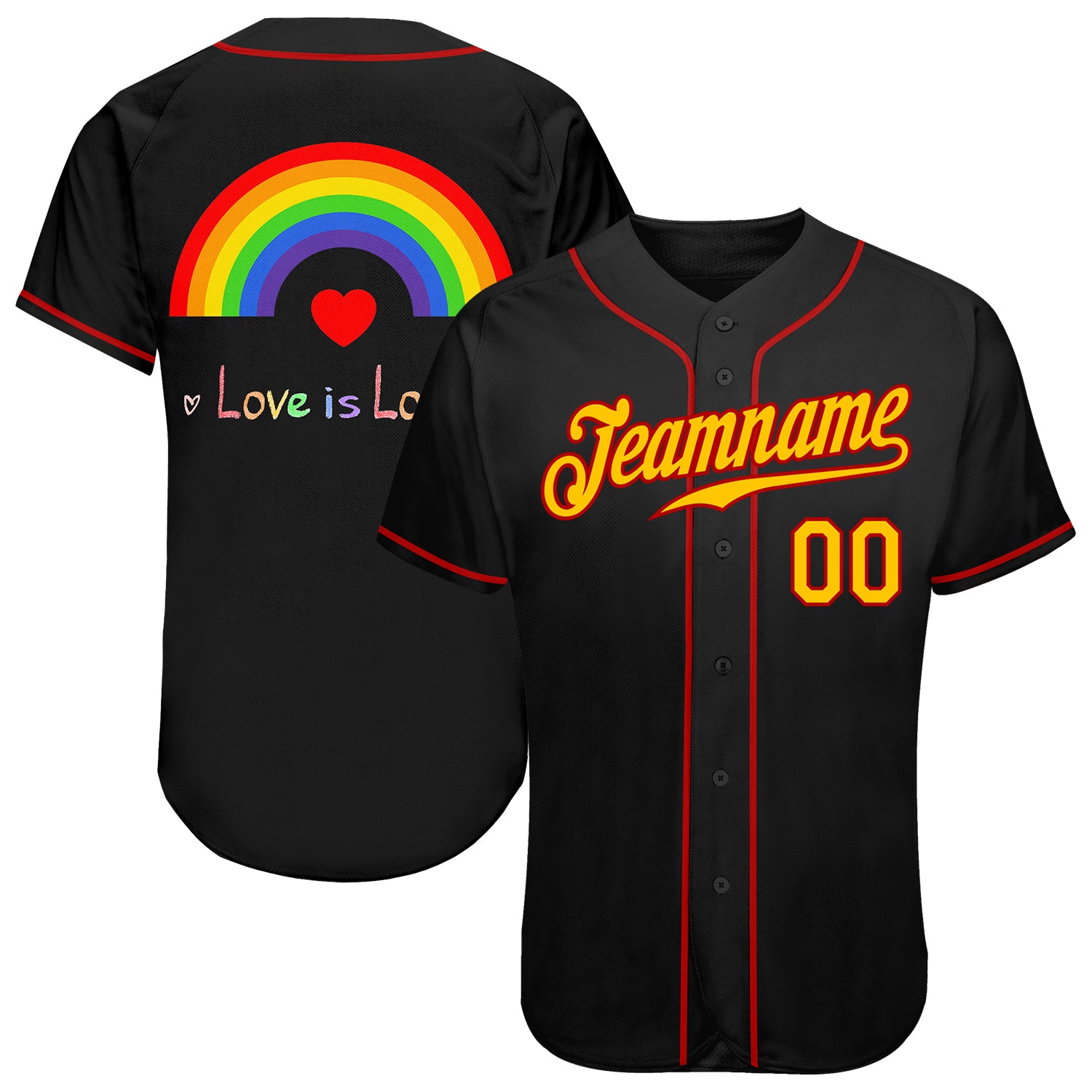 Personalized Pride Month Love Is Love Black Gold-Red Rainbow Baseball Jersey Custom Name Number LGBT Team Apparel Personalized
