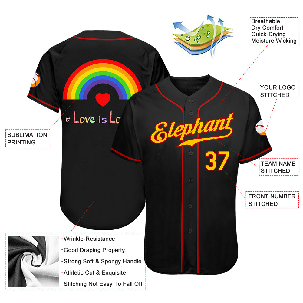 Personalized Black Gold-Red Rainbow For Pride Month Love Is Love LGBT Authentic Baseball Jersey Team Custom Name and Number Personalized Pride Month Love Is Love Black Gold-Red Rainbow Baseball Jersey Custom Name Number LGBT Team Apparel Personalized - Image 4