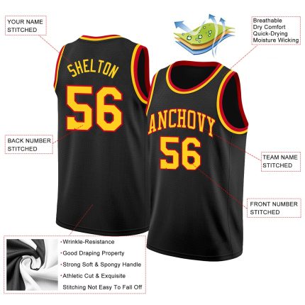 Custom Basketball Jersey with Name and Number, Personalized Black and Gold-Red Round Neck Rib-Knit Design Personalized Black
