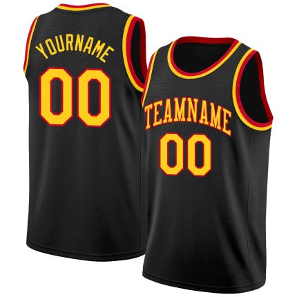 Custom Basketball Jersey with Name and Number, Personalized Black and Gold-Red Round Neck Rib-Knit Design Personalized Black