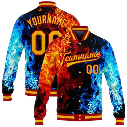 Personalized Black Gold Red Royal Flame 3D Bomber Varsity Letterman Jacket Full-Snap Personalized Black Gold Red-Royal Flame
