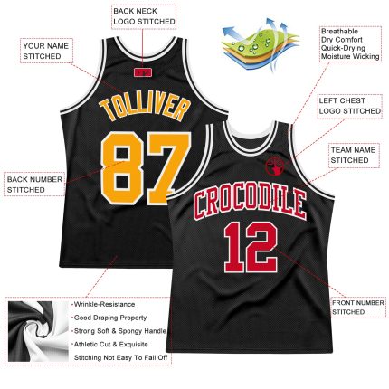 Personalized Black Red Gold Throwback Basketball Jersey for Men - Customizable 2 Personalized Black Gold-Red Throwback Basketball