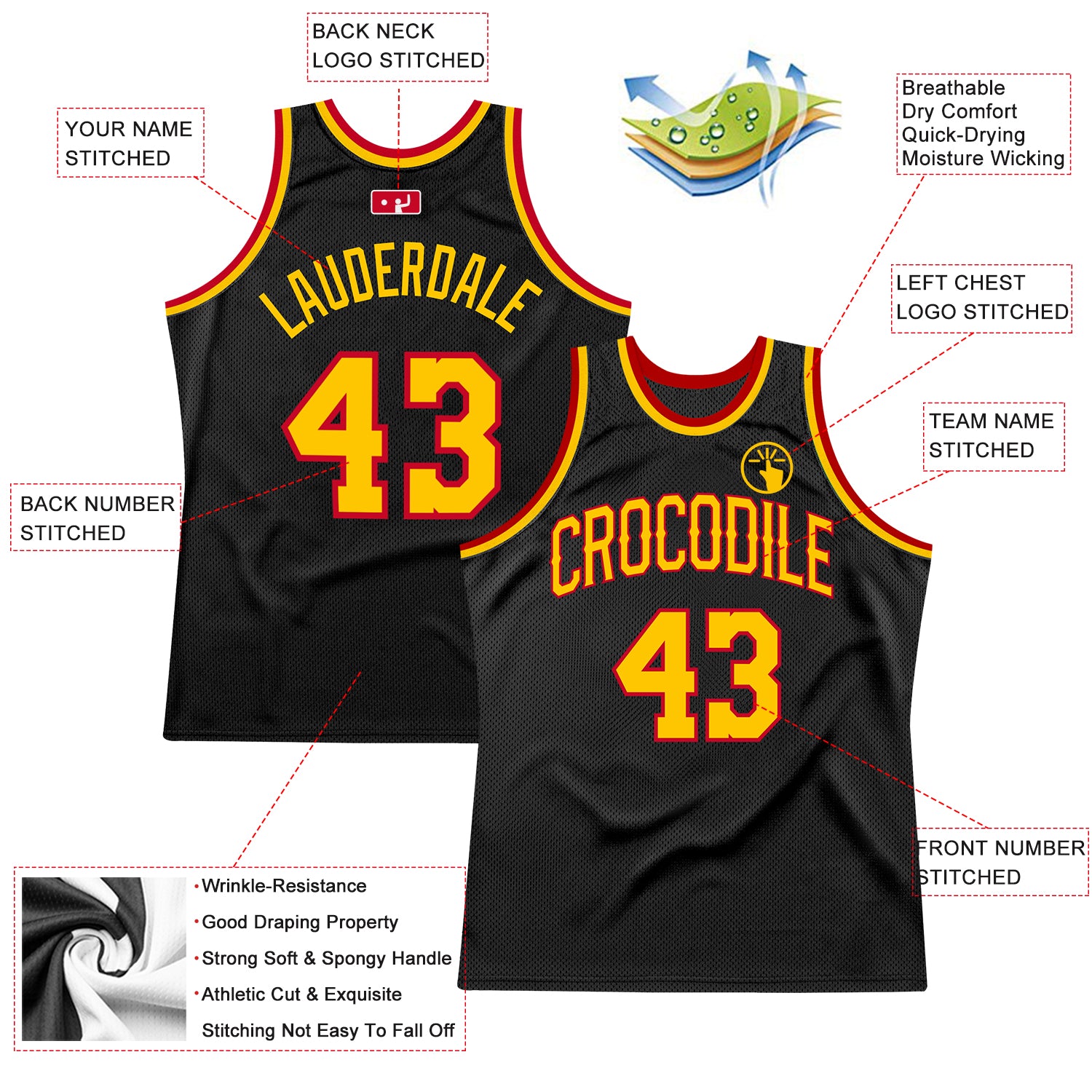 Personalized Black and Gold Red Basketball Jersey - Custom Throwback Sports Apparel Personalized Black Gold-Red Throwback - Image 2