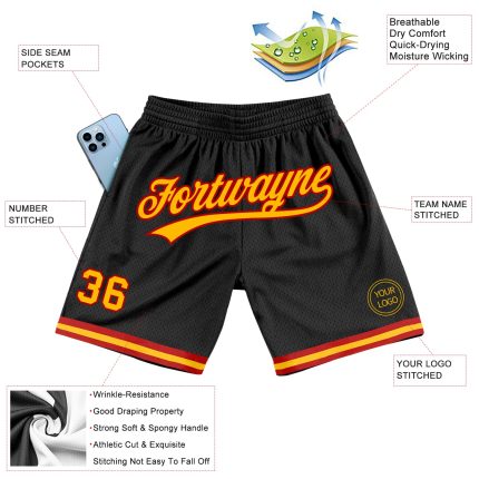 Personalized Basketball Shorts in Black Gold-Red Throwback Style 2 Personalized Black Gold-Red Throwback Basketball Shorts