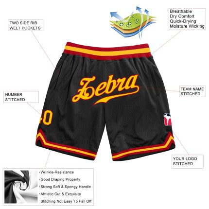 Personalized Basketball Shorts in Black Gold and Red Throwback Style Personalized Black Gold-Red Throwback Basketball Shorts