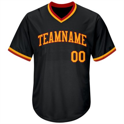 Personalized Black and Red Throwback Baseball Jersey Shirt - Rib-Knit Design Personalized Black Gold-Red Throwback Rib-Knit