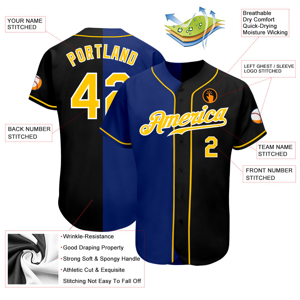 Personalized Black Gold-Royal Authentic Split Fashion Baseball Jersey Team Custom Name and Number Custom Black Gold-Royal Baseball Jersey with Personalized Name and Number - Authentic Split Fashion Team Gear Personalized - Image 3