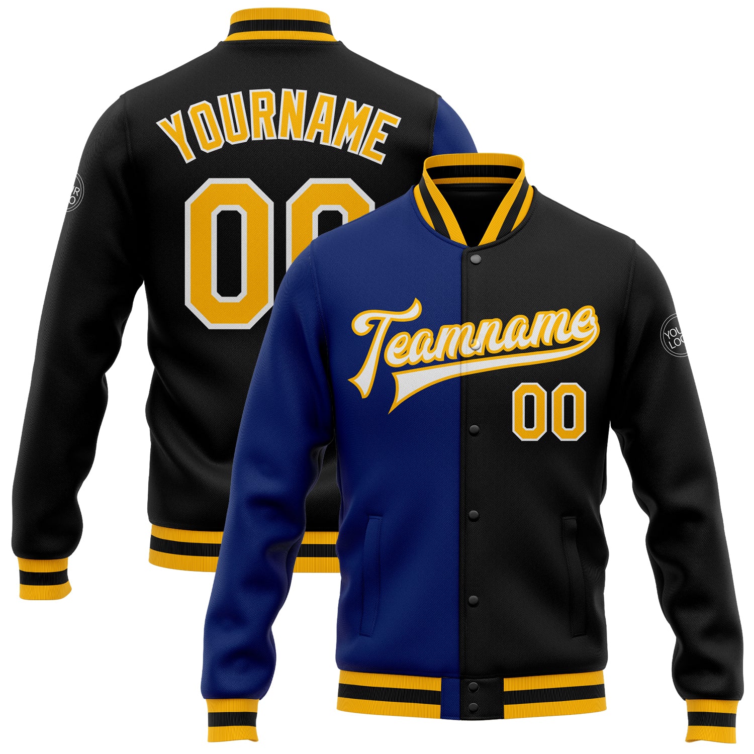 Personalized Black Gold-Royal Varsity Letterman Bomber Jacket Full-Snap Fashion Personalized Black Gold-Royal Bomber Full-Snap