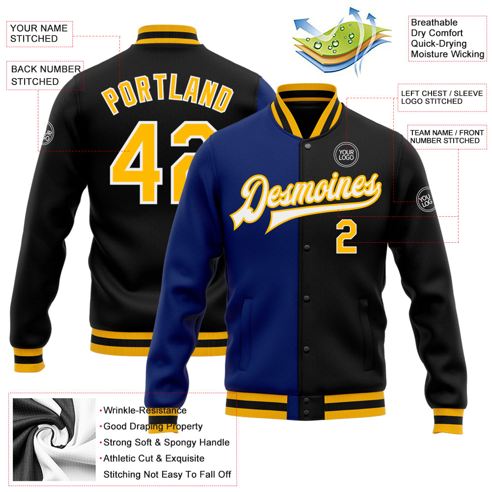 Personalized Black Gold-Royal Bomber Full-Snap Varsity Letterman Split Fashion Jacket Team Custom Name and Number Custom Black Gold Bomber Varsity Jacket with Name & Number - Full-Snap Letterman Fashion Jacket Personalized Black Gold-Royal - Image 3