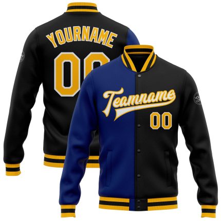 Custom Black Gold Bomber Varsity Jacket with Name & Number - Full-Snap Letterman Fashion Jacket Personalized Black Gold-Royal