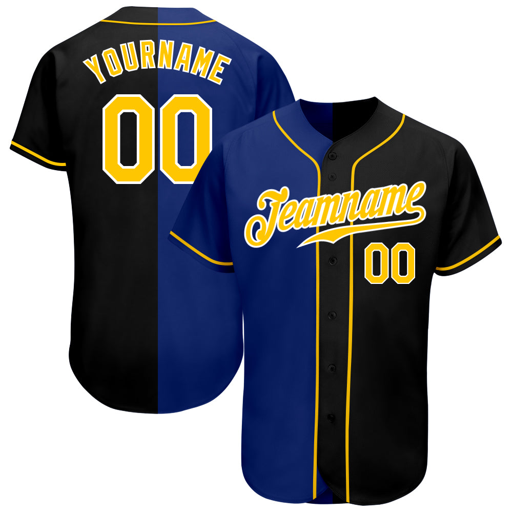 Personalized Black Gold Royal Split Fashion Baseball Jersey for Men and Women Personalized Black Gold-Royal Split Fashion
