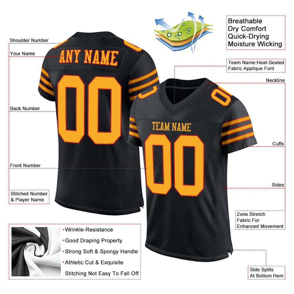 Personalized Black Gold-Scarlet Mesh Authentic Football Jersey Team Custom Name and Number Custom Black Gold-Scarlet Mesh Football Jersey with Personalized Name and Number - Authentic Team Jersey Personalized Black - Image 4