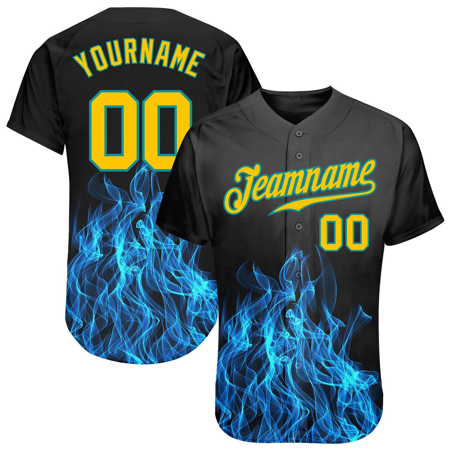 Personalized Black Gold Teal 3D Flame Baseball Jersey for Men and Women Personalized Black Gold-Teal 3D Flame Baseball Jersey
