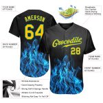 Customizable Black Gold Teal 3D Flame Design Baseball Jersey with Name and Number - Authentic Team Apparel Personalized Black