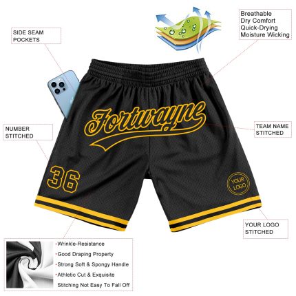 Personalized Basketball Shorts in Black and Gold | Throwback Style Personalized Black Gold Throwback Basketball Shorts