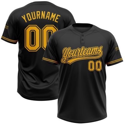 Custom Name and Number Black Gold Unisex Softball Jersey - Personalized Two-Button Team Jersey Personalized Black Gold Two-Button