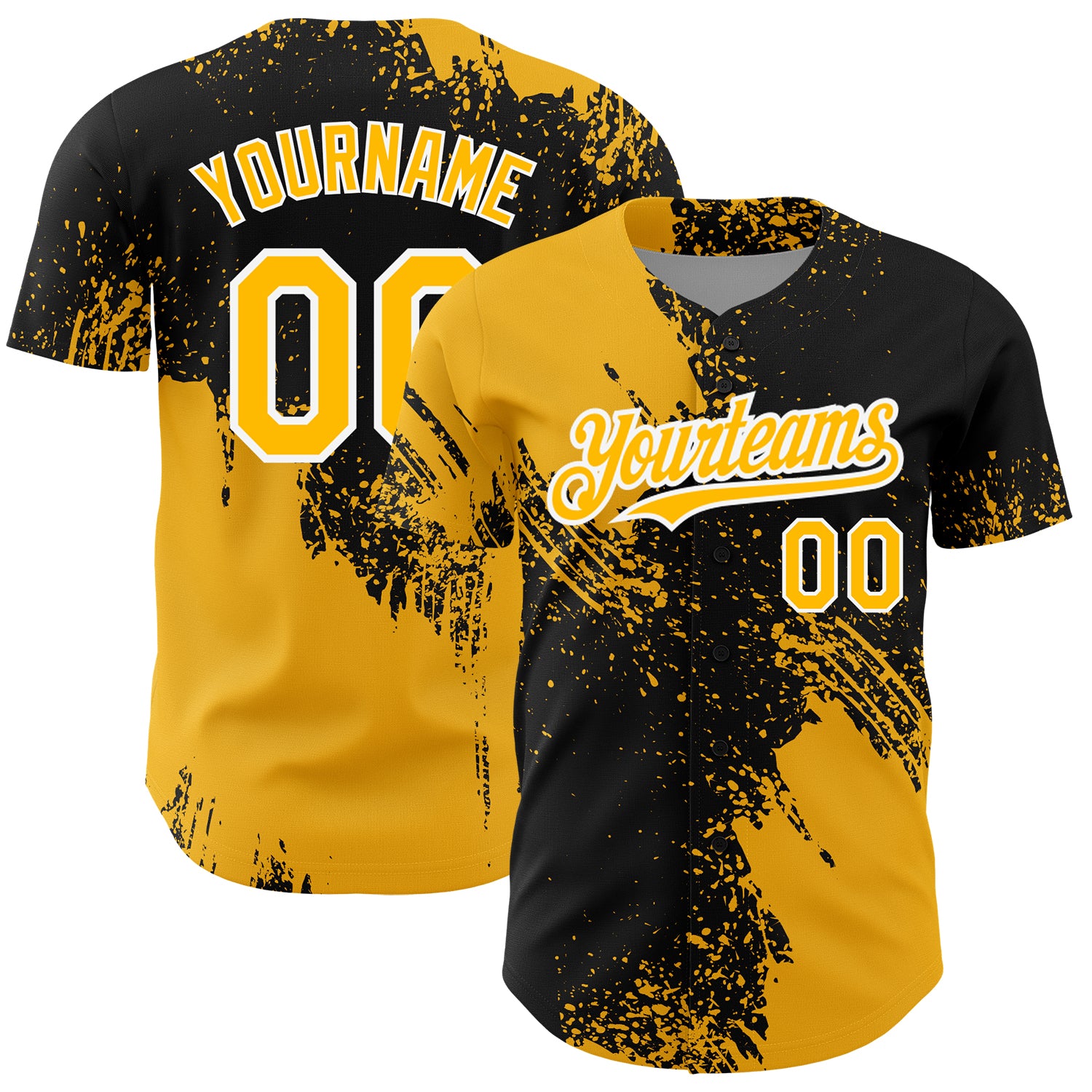Personalized 3D Abstract Brush Stroke Baseball Jersey in Black and Gold-White Personalized Black Gold-White 3D Abstract Brush